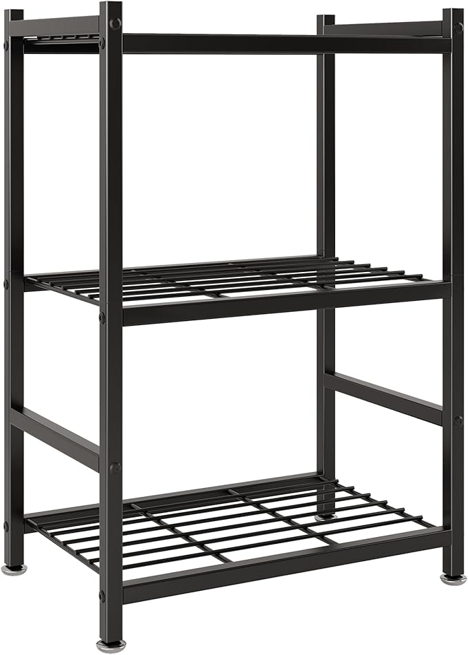 Small Storage Shelves, 3-Tier Metal Shelving Unit with Adjustable Feet, Compact Shelf Organizer for Garage, Kitchen, Pantry and Closet Organization, 11.8" x 17.7" x 29.9",Black