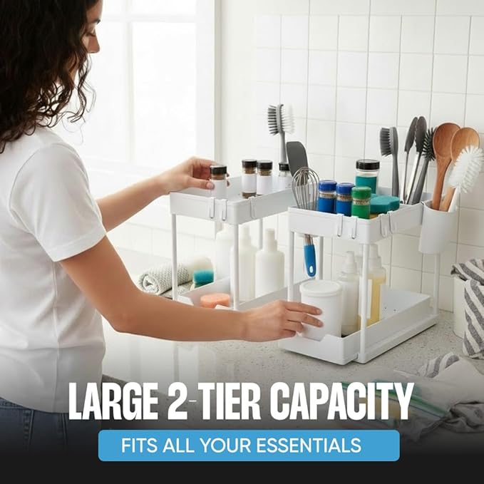 Undersink Organizer, 2-Tier Under Sink Storage Rack with Sliding Drawers for Kitchen Bathroom Cabinets, Pull Out Organizer for Pantry, Laundry Room & Closet Organization - 1 Pack, White