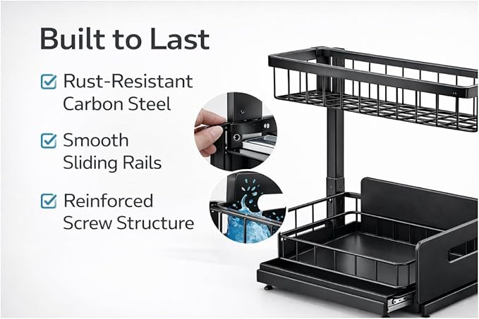 Under Sink Organizer 2 Tier Sliding Storage Rack – Carbon Steel Pull Out Cabinet Shelf for Kitchen & Bathroom, Heavy Duty Metal Under Cabinet Organizer.