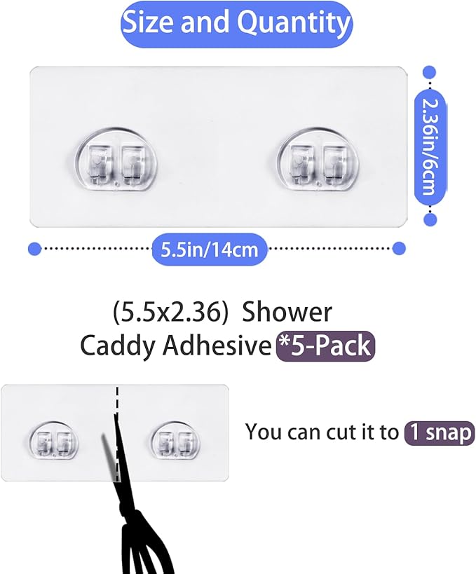 5 Pack Shower Caddy Adhesive - Replacement, Transparent Adhesive Hooks Stickers, Strong Hook Strip for Shower Caddy Basket Shelf, Soap Holder, Bathroom Storage Racks and Kitchen Racks