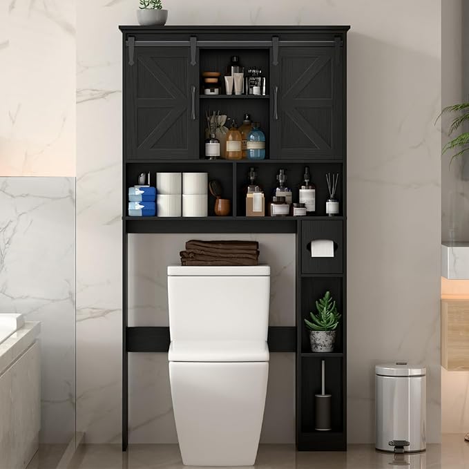 Halitaa Over The Toilet Storage Cabinet,Farmhouse Space-Saving Toilet Rack with 2 Sliding Barn Doors,Bathroom Organizer with Toilet Paper Holder Stand & Storage Shelves,for Laundry, Bathroom,Restroom