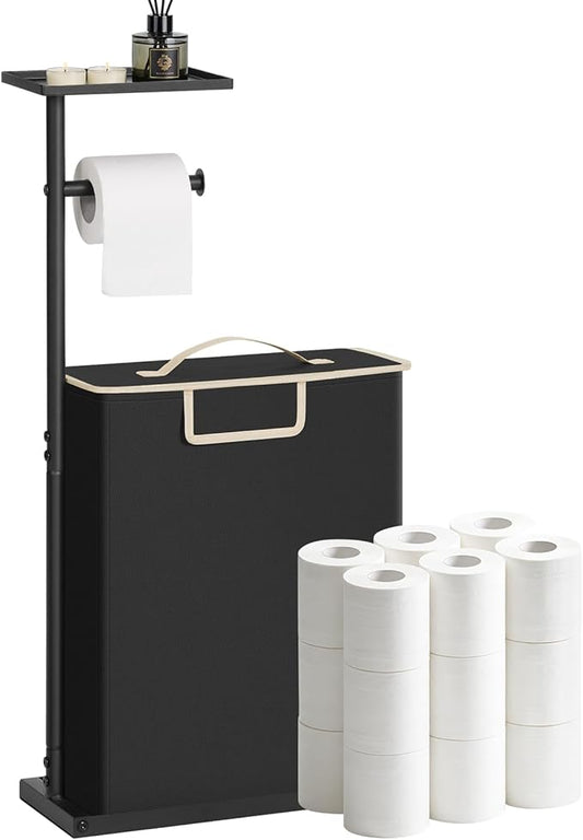 30" H Toilet Paper Holder Stand with Storage for Up to 12 Rolls,Rustproof Free Standing Toilet Paper Stand with Shelf,All-in-One Toilet Tissue Roll Dispenser and Organizer with a Basket,Black