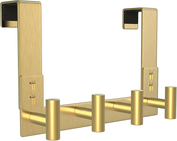 PMMASTO Over The Door Hooks, Fits 1-3/4" Thick Door No Drill Hooks for Closet Bathroom Bedroom Organization, Hanger for Coat Towel Robe (Gold, 4 T-Hooks)