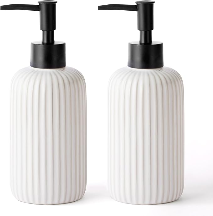 White Hand Soap Dispensers for Bathroom, 15oz Ceramic Dish Soap Dispenser for Kitchen, Refillable Liquid Pump Bottles for Shampoo, Lotion, Conditioner, Modern Farmhouse Decor for Bathroom