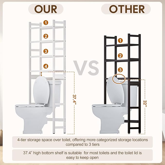 Cozivolife Over The Toilet Storage: 4-Tier Bamboo Organizer Rack with 2 Baskets & Paper Holder & 4 Hooks & Waterproof Feet Pad, Adjustable Freestanding Shelf for Bathroom (White)