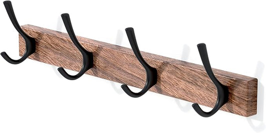 17 Inch Walnut Wood Wall Mounted Coat Rack with 4 Black Double Hooks, Adhesive Mounted Entryway Hooks, Modern Natural Wooden Pegs for Hanging Coat Clothes Hat Bag Purse Key and Towel