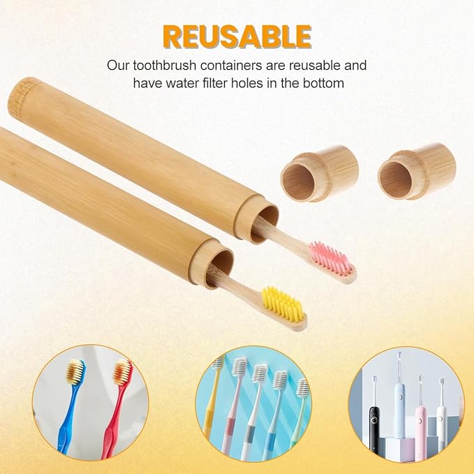 2 Pcs Natural Bamboo Toothbrush Storage Holder Empty Reusable Portable Toothbrush Case with Cover Personal Cleaning Tools Container Organizer Tube for Travel Trip