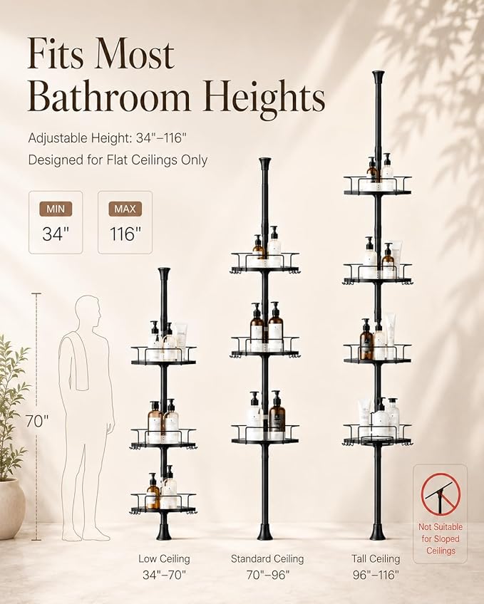 ALLZONE Corner Shower Caddy Tension Pole, 4 Hang-On Basket with Mixed-Height Shelves for Various Bottle Sizes, Extra Hooks & Soap Holder, Rustproof Stainless Steel, Fits 34–116 Inch, Black/White