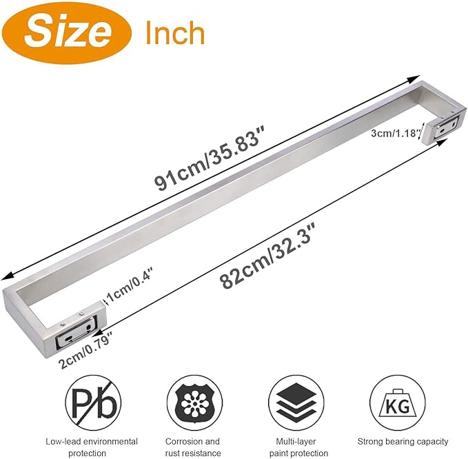 TocTen Bath Towel Rack - Square Base Thicken SUS304 Stainless Steel Towel Bar for Bathroom, Bathroom Bar Accessories Towel Rod Heavy Duty Wall Mounted Towel Holder (Brushed Nickel, 36 Inch)