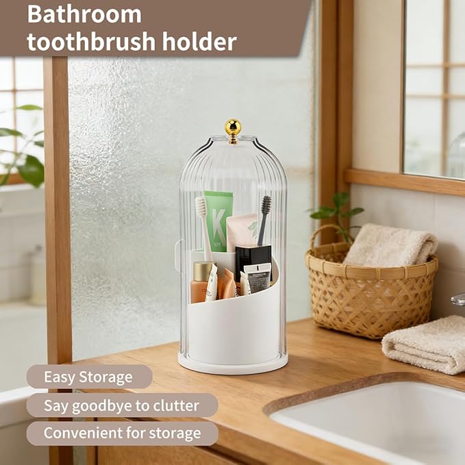 Toothbrush Holders with Sliding Lid, 360° Dustproof Rotating 3 Slots Bathroom Organizer Countertop, Spinning Cosmetic Tools Storage Cup for Desktop Office Bathroom