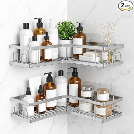 2 Pack Corner Shower Caddy, Adhesive Shower Organizer No Drilling Bathroom Shelves, Carbon Steel Storage Rack with 8 Hooks, Silver