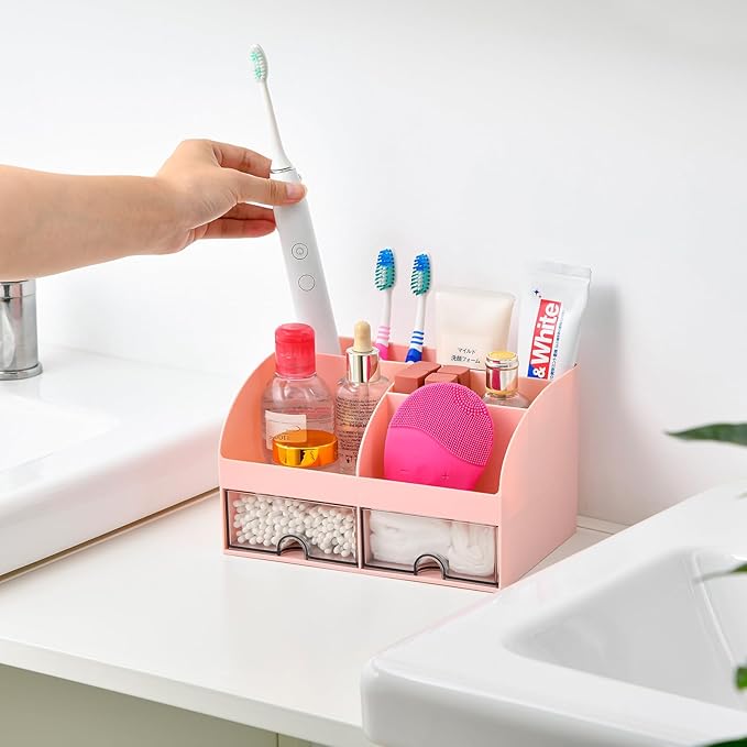 VITVITI Toothbrush Holders for Bathrooms Countertop, 5 Slots Toothpaste Bathroom Counter Sink Organizer with Drawers, Plastic Bathroom Organizer for Vanity/Makeup/Office Pink
