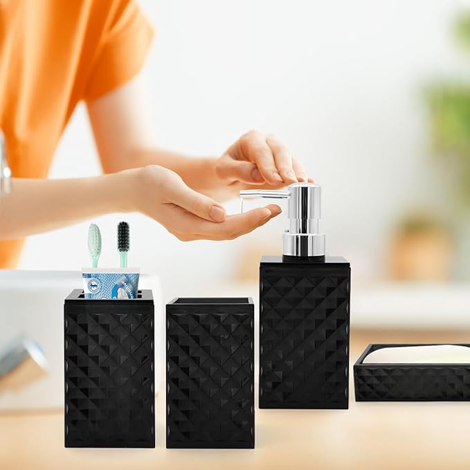 Bathroom Accessories Set, 4 Pcs Black Bathroom Decor Bathroom Sets Accessories, Diamond Soap Dispenser, Bathroom Tumbler, Soap Dish and Toothbrush Holder Set, Boho Bathroom Decor, Black