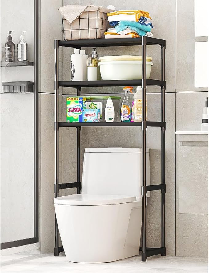 3-Tier Over The Toilet Storage Rack, Freestanding Bathroom Space Saver Shelves with Sturdy Iron Frame - Waterproof, Easy Assembly for Bathroom, Laundry Room, Kitchen