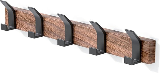 17 Inch Black Walnut Wood Wall Mounted Coat Rack with 4 Black L Hooks, Adhesive Mounted Entryway Hooks, Modern Natural Wooden Pegs for Hanging Coat Clothes Hat Bag Purse Key and Towel