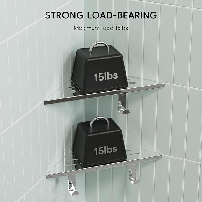 10’’ Shower Corner Shelf, Stainless Steel Shower Shelves with Razor Hole for Bathroom, Grout in Corner Shelf with Hooks for Tiled Wall 2 Pack, Polished