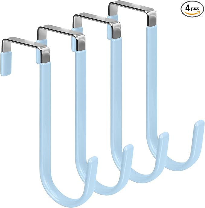 FYY Over the Door Hooks, 4 Pack Door Hangers Hooks with Rubber Prevent Scratches Heavy Duty Organizer Hooks for Living Room, Bathroom, Bedroom, Kitchen Hanging Clothes Towels Hats Coats Bags Cyan