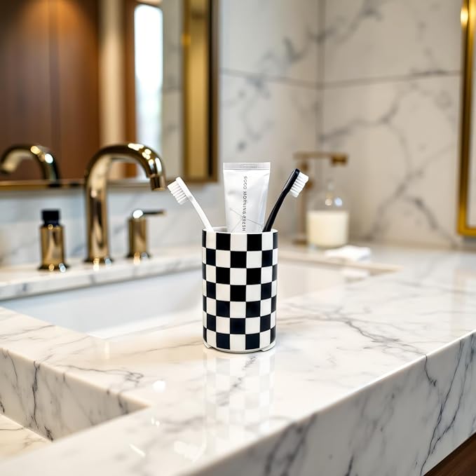 Tooth brush Holder for Bathroom, Black and White Ceramic Toothbrush Holders for Bathrooms, Modern Cute Toothbrushes and Toothpaste Caddy for Bath Countertop Storage Organizer, Checkered Bathroom Decor