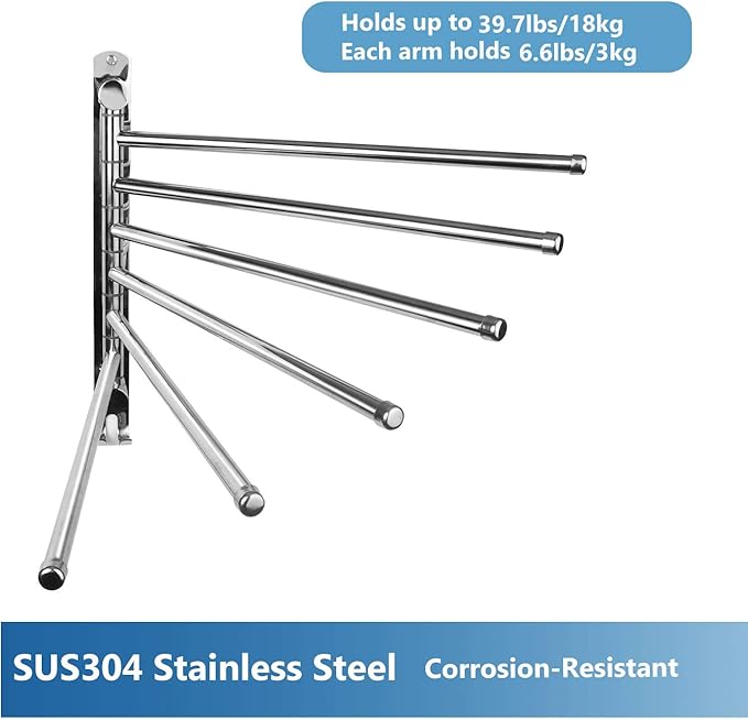 Towel Rack Wall Mounted JSVER Bathroom Towel Rack, Space Saving Towel Holder, 13.4 Inches Swivel SUS304 Stainless Steel Towel Bar, 180° Rotation 6 Arms Towel Racks for Bathroom