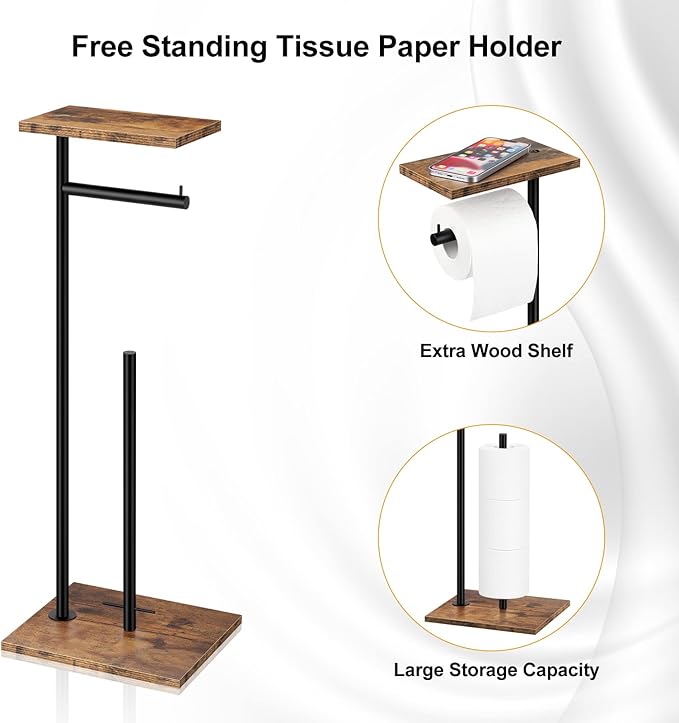 Toilet Paper Holder Stand with Shelf Toilet Paper Roll Holder with Reserve Free Standing TP Holder Rustic Toilet Paper Stand with Shelf for Bathroom Holds Wipe, Mobile Phone, Mega Rolls, Rustic Brown