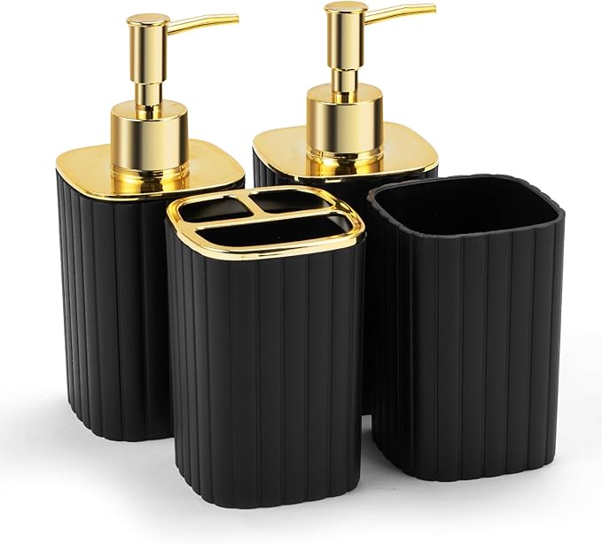 4-Piece Bathroom Accessories Set, Black and Gold Bathroom Set Includes 2 Soap Dispensers, a Toothbrush Holder and Cup, Black Gold Bathroom Decor for Modern Homes