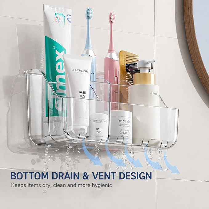 Sotfamily Clear Kids Toothbrush Holders for Bathrooms, Wall-Mounted Tooth Brush Holder & Toothpaste Holder for Bathroom Countertop or Wall, Space-Saving Bathroom Organizers and Storage(No-Drill)
