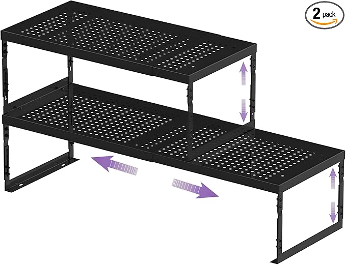 Stackable Expandable Metal Shelf Organizer, Adjustable Storage Rack, Heavy Duty Space Saver for Kitchen, Pantry, Bathroom, Countertop & Office(2Pack/Large/Black)
