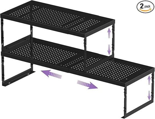 Stackable Expandable Metal Shelf Organizer, Adjustable Storage Rack, Heavy Duty Space Saver for Kitchen, Pantry, Bathroom, Countertop & Office(2Pack/Large/Black)