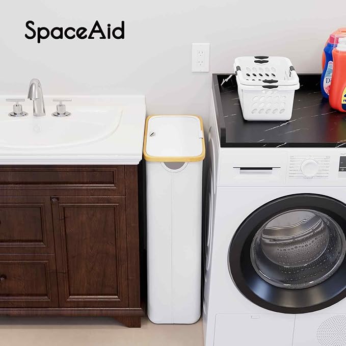 SpaceAid Slim Laundry Hamper with Lid, 65L Narrow Clothes Basket Bin with Bamboo Handles, Skinny Tall Collapsible Hamper for Bedroom, Bathroom, Dorm, Laundry Room - White