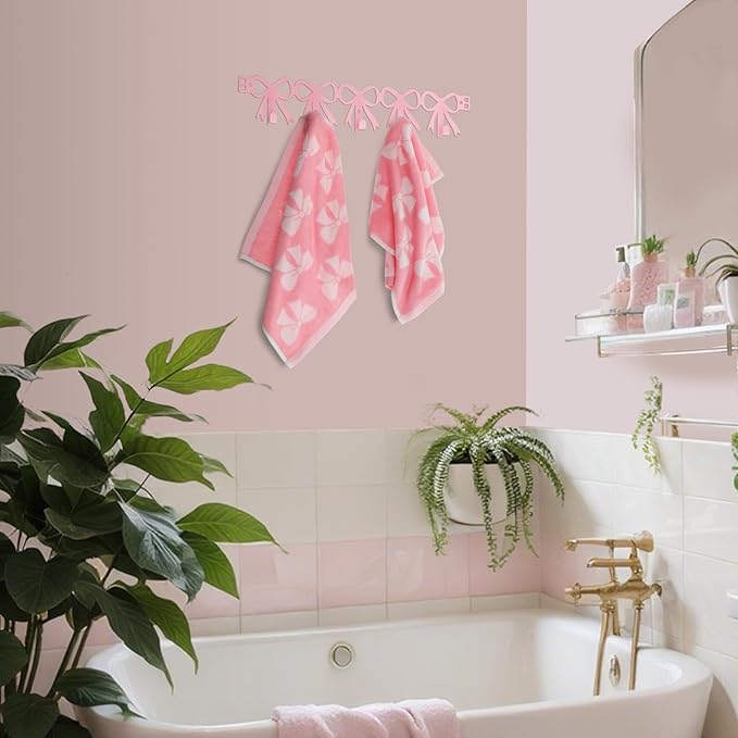 AceOrbit Pink Bow Over The Door Hooks Hanger Wall Mount Towel Hanger Door Holder Organizer 5 Hooks Kawaii Farmhouse Rustic Coquettish Style Decor for Bedroom Bathroom Towel Hat Clothes