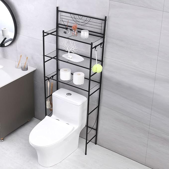 3-Tier Bathroom Over The Toilet Storage Rack Free Standing Metal Frame Shelf Organizer, with 4-Hooks, Black