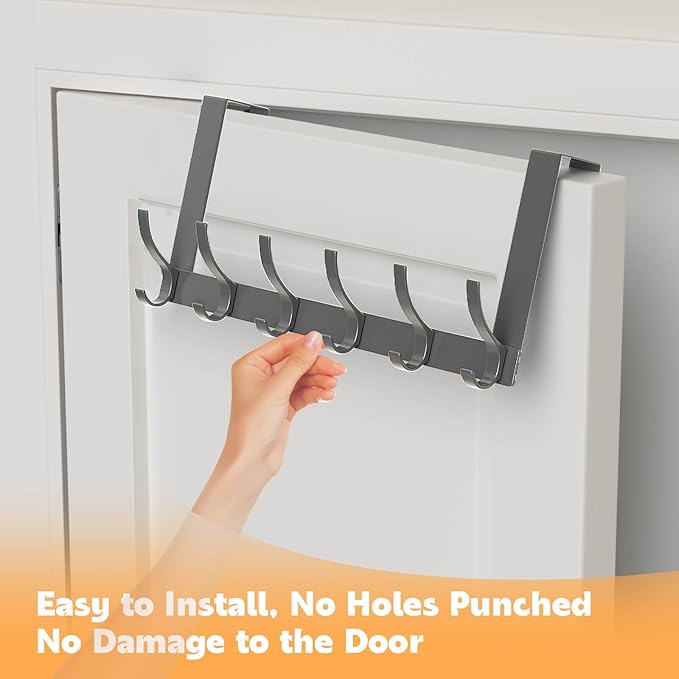 Peasulin 2 Pack Over The Door Hooks, Sturdy Door Hanger, Large Over The Door Towel Rack with 12 Hooks, Heavy Duty Easy to Install, for Bathroom, Bedroom，Kitchen，Hanging Towels, Coats (Grey)