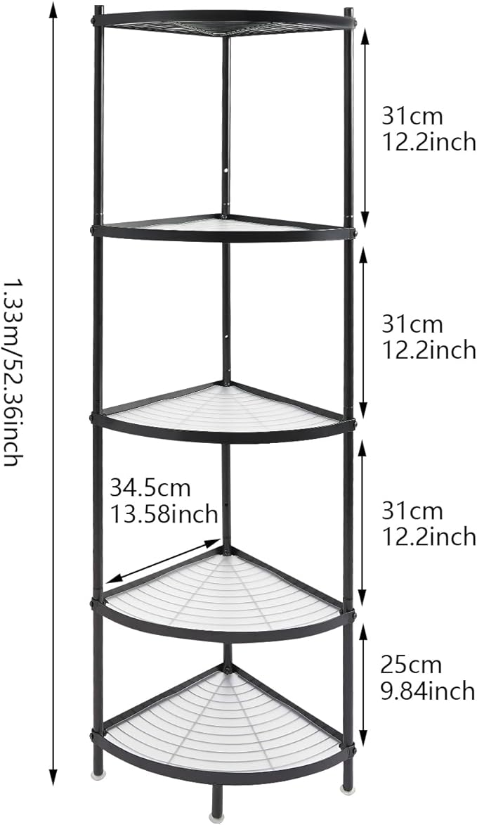 5 Tier Corner Shelf Stand, 52" Kitchen Shelf Organizer with Metal Frame, Multipurpose Space Saving Storage Rack for Living Room, Office, Kitchen