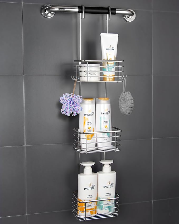 YQH 3-Tier Hanging Shower Rack - Door Organizer with 2 Hooks for Razor, Shower Balls and More (3 Tiers)