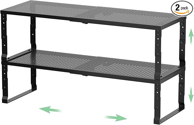 Metal Stackable Expandable Storage Rack, Adjustable Under Sink Shelf & Countertop Space Saving, Heavy-Duty Pantry Storage, Suitable for Kitchens, RV, Bathrooms, Workshops or Offices