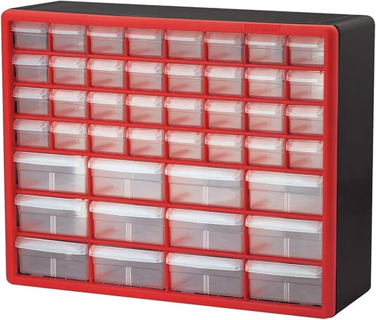 Akro-Mils 44-Drawer Plastic Drawer Storage Cabinet for Garage Organization, Bead Organizer, Building Bricks Storage, Teacher Toolbox, Makeup Organizer, 20" W x 6" D x 16" H, 10144 Red