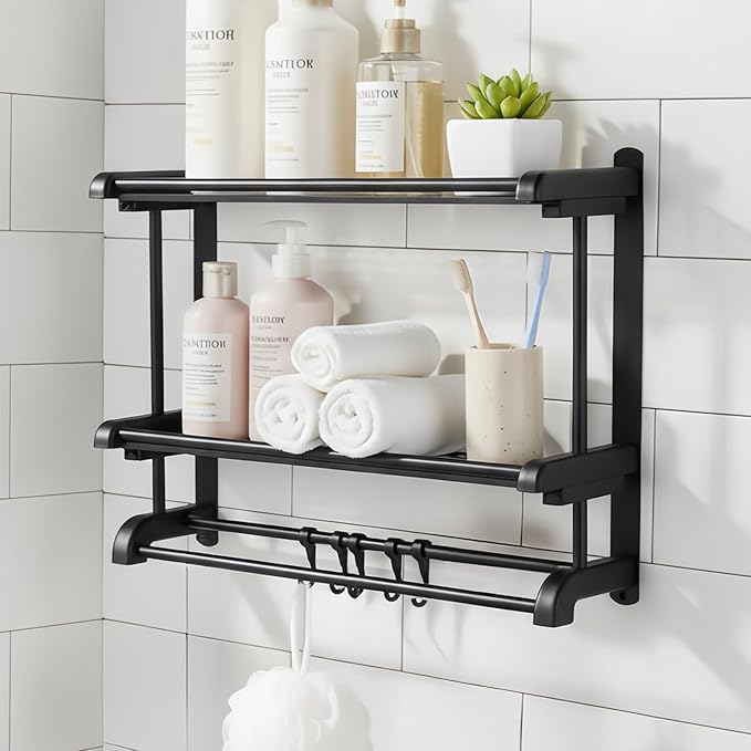 Stainless Steel Shower Organizer with Towel Bar - Rustproof Bathroom Shelf with Ventilated Design, Wall Mounted 2-Tier Storage Rack for Bath Products & Hanging Towels (Black)