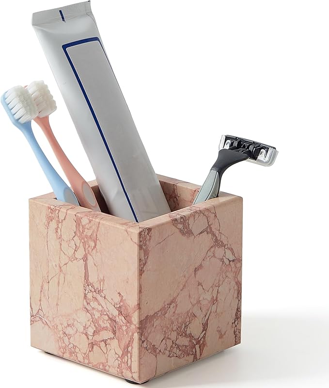 Real Luxurious Natural Marble Toothbrush Holder & Makeup Brush Organizer & Pen Holder for Desk,3.93inch Square Marble Utensil Holder Non-Ceramic/Non-Resin （Pink）