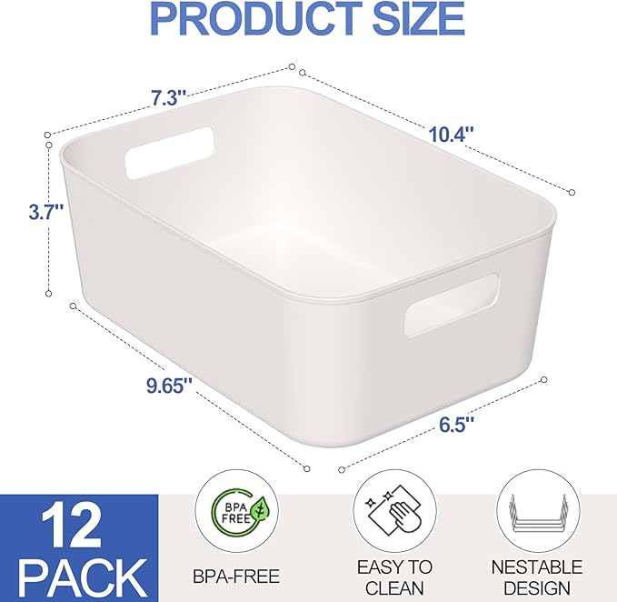 12 Pack Plastic Storage Bins, Multi-Use Organizer Bins, Perfect for Kitchen, Cabinet, Bathroom, Under Sink Storage, White