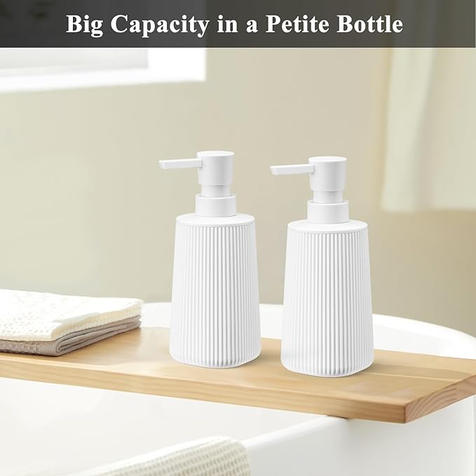 White 2 Pack Hand Soap Dispensers Set with No Rust Pump for Bathroom and Kitchen Countertops Refillable Matte Striped Plastic 8.5 oz