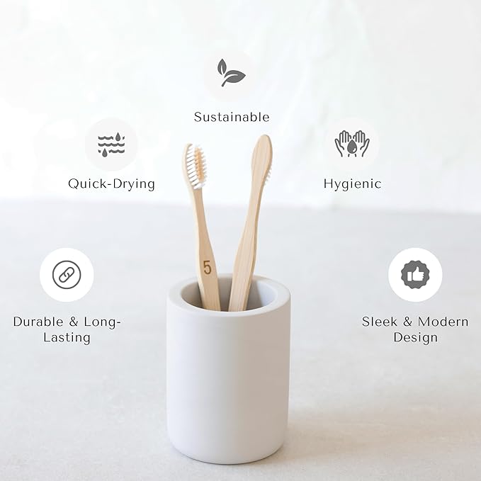 Selegna Diatomite Drying Stone Toothbrush Holder, Modern Ceramic-Look Countertop Cup with Drainage for Bathroom, Quick Drying Electric Toothbrush & Toothpaste Organizer, Stoneware Finish