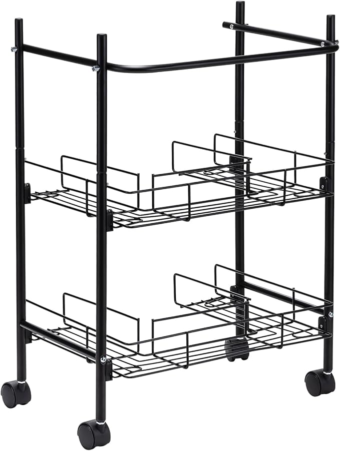2-Tier Under Sink Organizer Multipurpose Movable Rolling Cart Storage Cabinet Basket for Bathroom Kitchen with Hand Towel Bar, Black