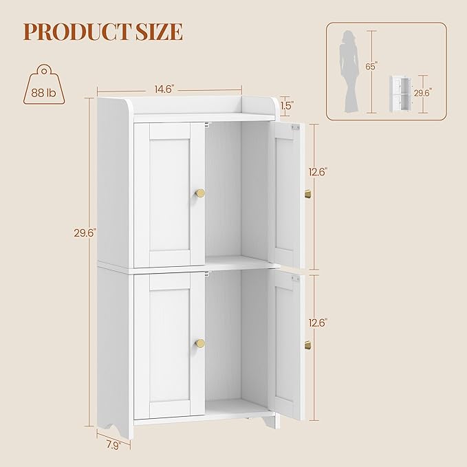 HEXCELEN Small Storage Cabinet, Bathroom Storage Cabinet with 4 Doors, Floor Bathroom Organizer Freestanding for Small Spaces, Living Room, Kitchen, Entryway (Streamlined American, White)
