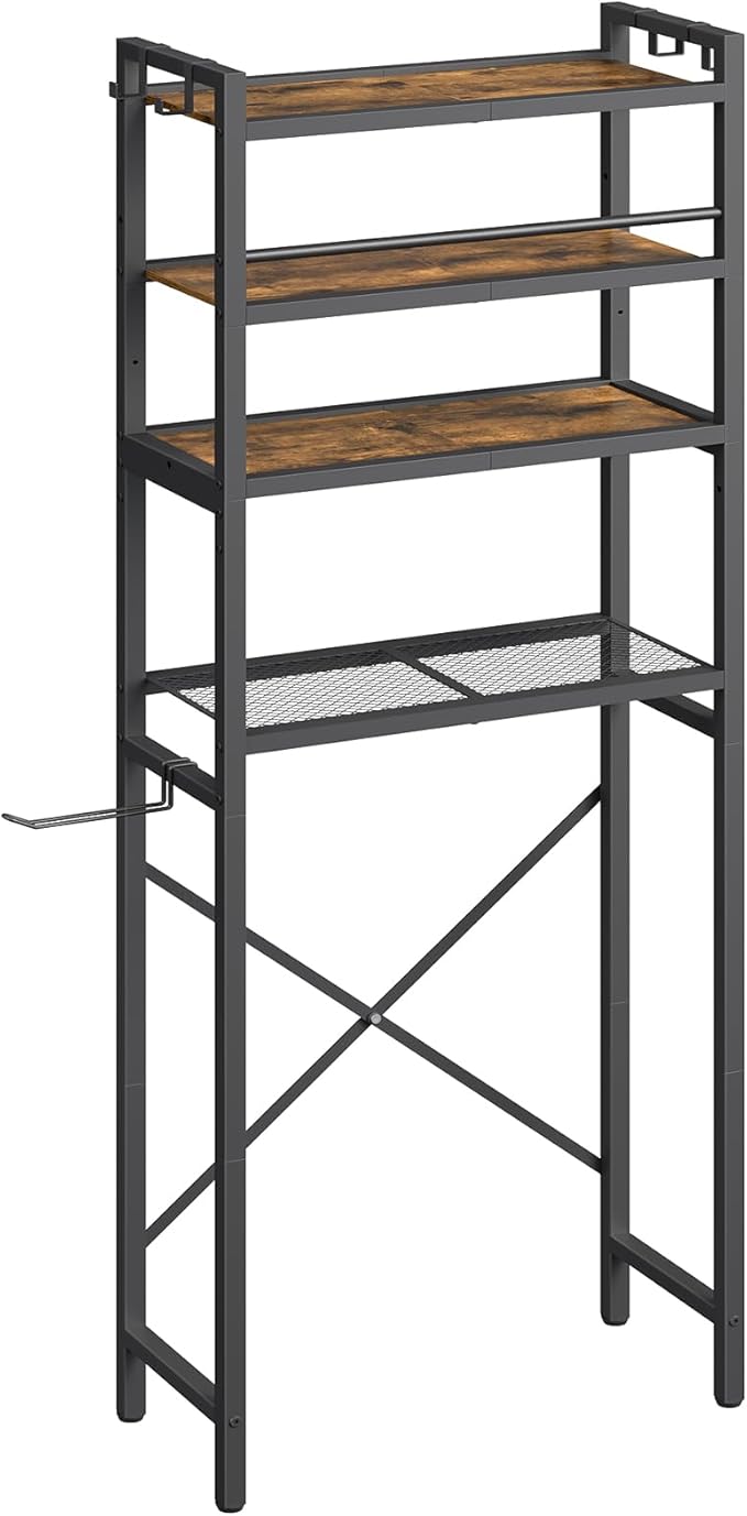 YATINEY Over The Toilet Storage Rack, 4-Tier Freestanding Bathroom Organizer Above Toilet, Toilet Shelf with Detachable Upper Shelves, X-Shaped Back Support, Rustic Brown and Black TR05BR