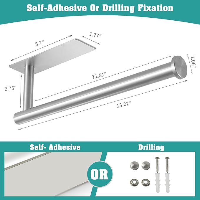theaoo Under Cabinet Paper Towel Holder for Kitchen, Adhesive Paper Towel Roll Rack for Bathroom Towel, SUS304 Stainless Steel Wall Mount, Both Available for Adhesive and Screws