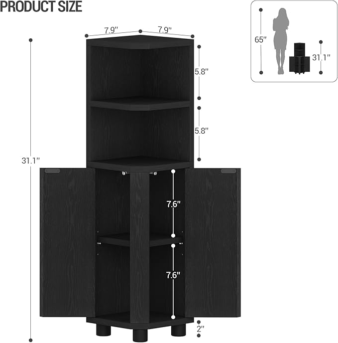 Hzuaneri Corner Cabinet, Small Bathroom Corner Cabinet with Doors, Narrow Storage Cabinets with Adjustable Shelves, Bathroom Organizers and Storage for Small Space, Black BC20004X