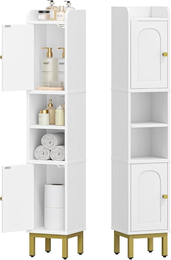 Hzuaneri Slim Bathroom Storage Cabinet, Narrow Bathroom Organizers and Storage with 4 Adjustable Feet, Laundry Room Organization for Small Space, Kitchen, Living Room, 2 Doors White BC22413G