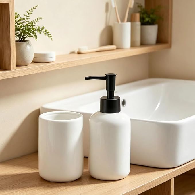 White Bathroom Accessories Set 2 Pieces,Ceramic Soap Dispenser and Toothbrush Holder,Modern Decor Bath Set Countertop Organizer