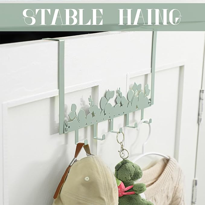 AceOrbit Eucalyptus Green Over The Door Hooks Hanger Wall Mount Towel Hanger Door Holder Organizer 5 Hooks Kawaii Farmhouse Rustic Coquettish Style Decor for Bedroom Bathroom Towel Hat Clothes