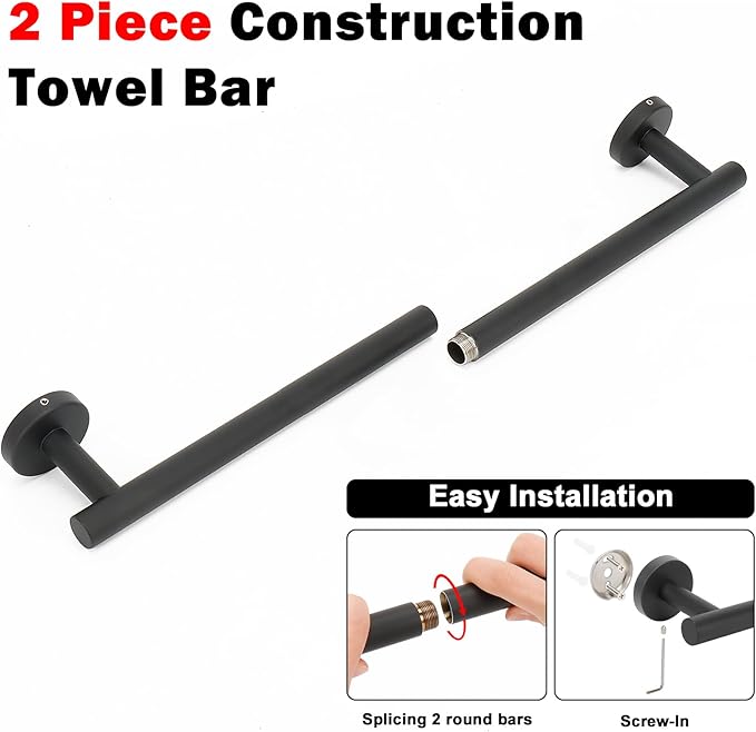 NearMoon Bath Towel Bar, Thicken Stainless Steel Shower Towel Rack Holder Wall Mounted for Bathroom, 24-lnch Overall Length-21-lnch Usable Hanging Space (2 Pack, Matte Black)